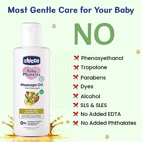 Chicco Baby Moments Massage Oil, New Advanced Non-sticky & Moisturizing Formula with Natural Ingredients to Prevent Dryness, Suitable for Baby’s Skin, Hair & Scalp, No Phenoxyethanol & Parabens, Almond (300ml) - Image 4