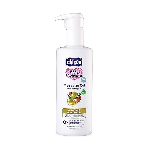 Chicco Baby Moments Massage Oil, New Advanced Non-sticky & Moisturizing Formula with Natural Ingredients to Prevent Dryness, Suitable for Baby’s Skin, Hair & Scalp, No Phenoxyethanol & Parabens, Almond (300ml) - Image 1