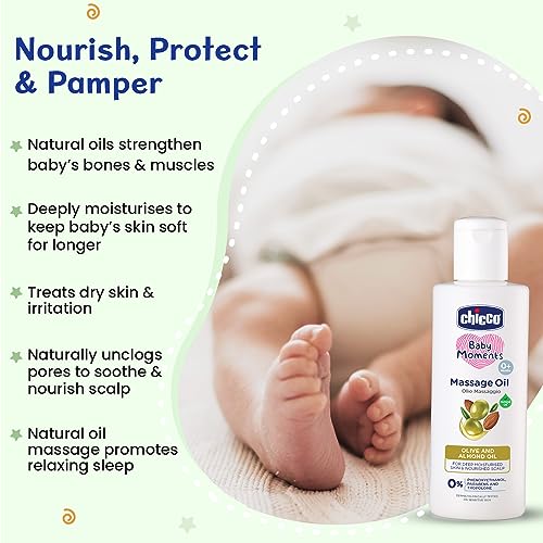Chicco Baby Moments Massage Oil, New Advanced Non-sticky & Moisturizing Formula with Natural Ingredients to Prevent Dryness, Suitable for Baby’s Skin, Hair & Scalp, No Phenoxyethanol & Parabens, Almond (300ml) - Image 2