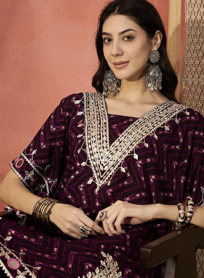 ISHIN Women's Burgundy Rayon Embellished Tunic Top With Ankle Palazzo Flared 2 Peice Kurta Set - Image 5