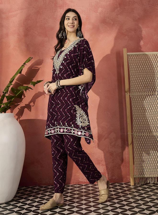 ISHIN Women's Burgundy Rayon Embellished Tunic Top With Ankle Palazzo Flared 2 Peice Kurta Set - Image 3
