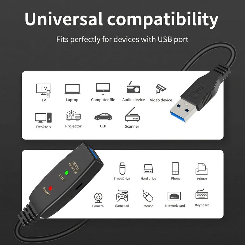 كابل تمديد نشط USB 3.0 بطول 60 قدم، كابل تمديد من نوع USB A ذكر إلى أنثى مع شريحتي تعزيز إشارة ومنفذ طاقة Micro USB، مكرر عالي السرعة 5 جيجابت في الثانية لـ Oculus VR وكاميرا الويب وXbox والطابعة - Image 3