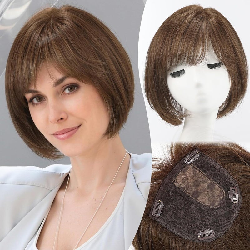 EMMOR Human Hair Toppers for Women Short Bob Real Hair Toppers with Bangs Side Part Hairpieces for Women with Thin Hair 10 Hair Extension with 65 65 Larger BaseBrown