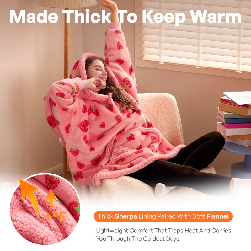 Giggling Getup Wearable Blanket Hoodie for Adults Gifts for Teen Girls Sister Women Sherpa Fleece Printed Hooded Blanket Sweatshirt Warm Cozy with Pocket & Sleeves Strawberry - Image 2