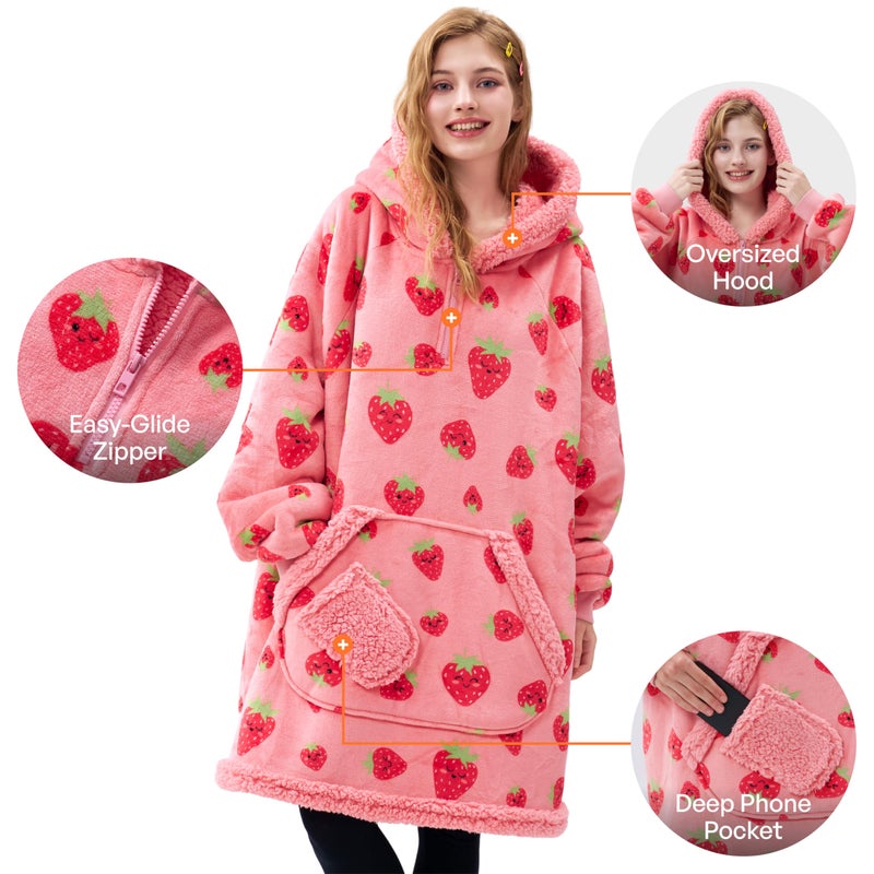 Giggling Getup Wearable Blanket Hoodie for Adults Gifts for Teen Girls Sister Women Sherpa Fleece Printed Hooded Blanket Sweatshirt Warm Cozy with Pocket & Sleeves Strawberry - Image 3