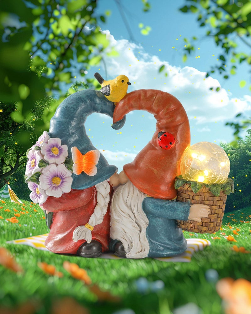 iStatue Solar-Powered 8.3'' Spring Summer Kissing Gnomes Decorations for Home & Garden - Decorative Outdoor Lawn Ornaments and Statues Clearance (Loved Gnomes) - Image 1