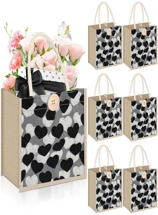 Abbylike 6 Pcs Valentine's Day Heart Tote Gift Bag Reusable Burlap Canvas Embroidered Bag with Handles Button for Party Favor(Black,Black Heart) - Image 1