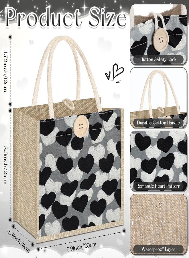 Abbylike 6 Pcs Valentine's Day Heart Tote Gift Bag Reusable Burlap Canvas Embroidered Bag with Handles Button for Party Favor(Black,Black Heart) - Image 3