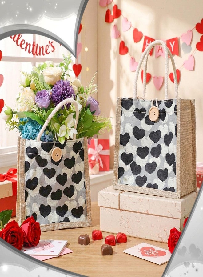 Abbylike 6 Pcs Valentine's Day Heart Tote Gift Bag Reusable Burlap Canvas Embroidered Bag with Handles Button for Party Favor(Black,Black Heart) - Image 2