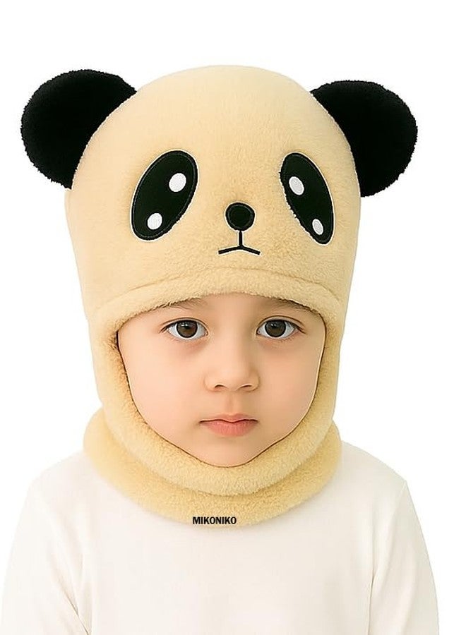 MIKONIKO Winter Woolen Kids Cap with Ear & Neck Protection | Panda Design Beanie Hat for Boys & Girls (Age 2-5 Years) - Beige, 1 Count - Image 1