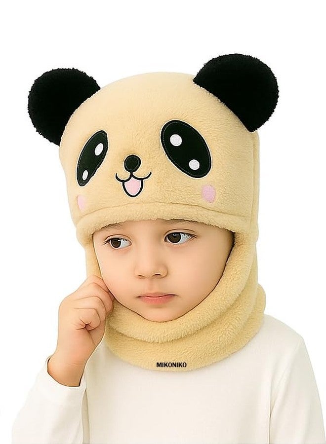 MIKONIKO Winter Woolen Kids Cap with Ear & Neck Protection | Panda Design Beanie Hat for Boys & Girls (Age 2-5 Years) - Beige, 1 Count - Image 2