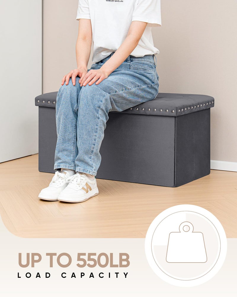 B FSOBEIIALEO Storage Ottoman Cube Folding Tufted Ottomanse, Storage Boxes Footrest for Bedroom, Luxury Velvet Fabric 30 * 15 * 15 Inches Grey - Image 4