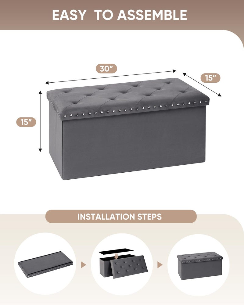 B FSOBEIIALEO Storage Ottoman Cube Folding Tufted Ottomanse, Storage Boxes Footrest for Bedroom, Luxury Velvet Fabric 30 * 15 * 15 Inches Grey - Image 5