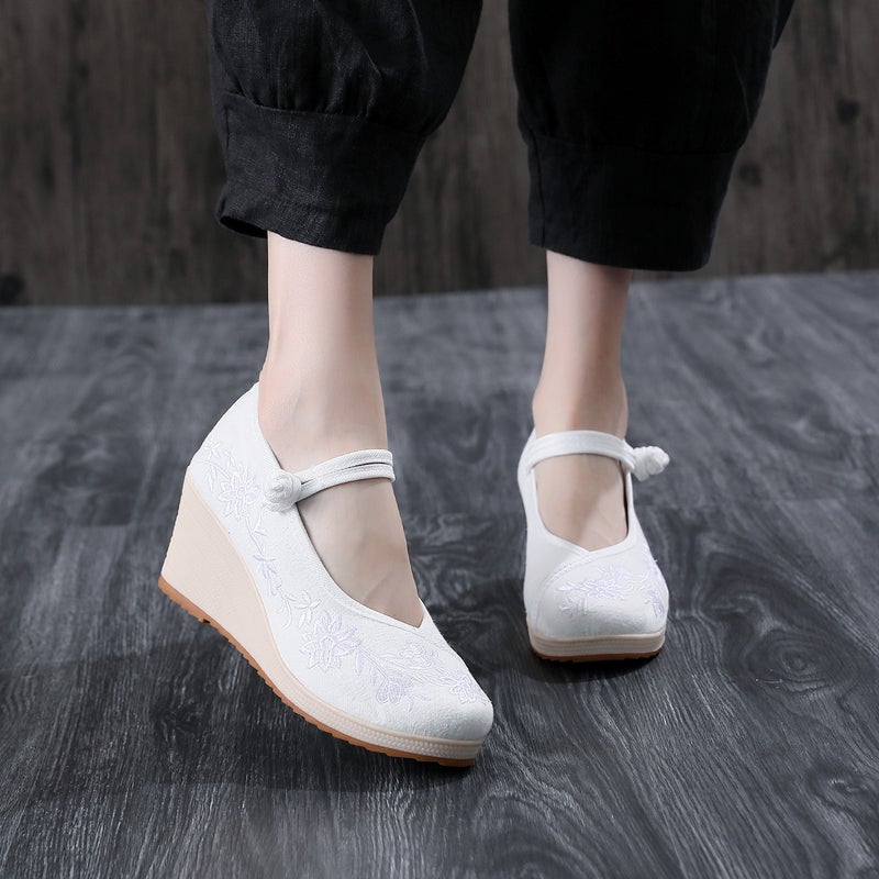 Shilixiang Full Court Fragrance Plain Brocade Antique Shoes Hanfu Ethnic Embroidered Shoes Jacquard Cotton High-Heeled Comfortable Cloth Shoes - Image 1