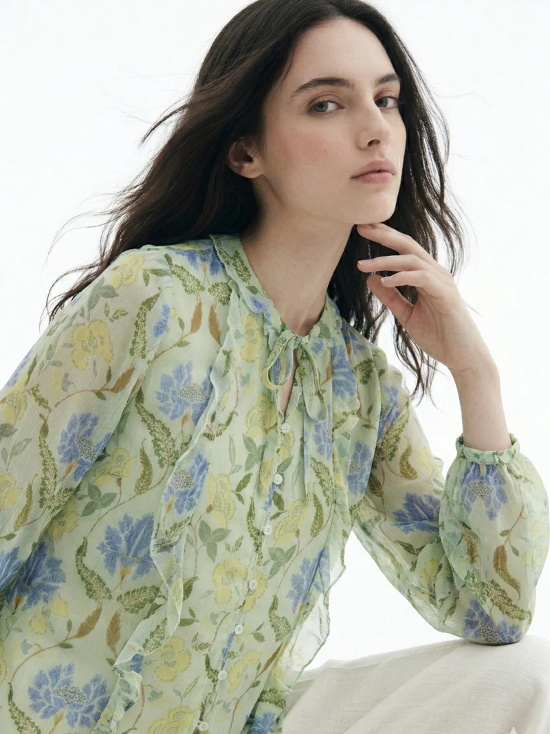 Outzidr Green Printed With Ruffle Details Blouse
