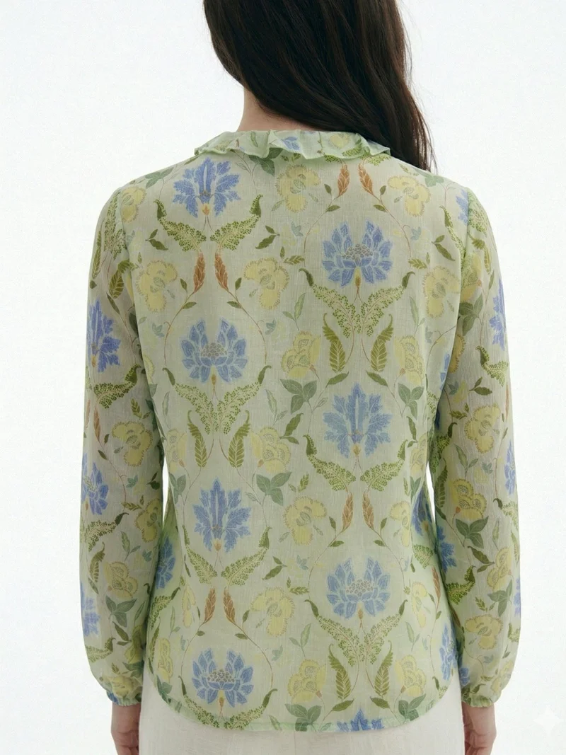 Outzidr  Green Printed With Ruffle Details Blouse for Women | Best Price UAE