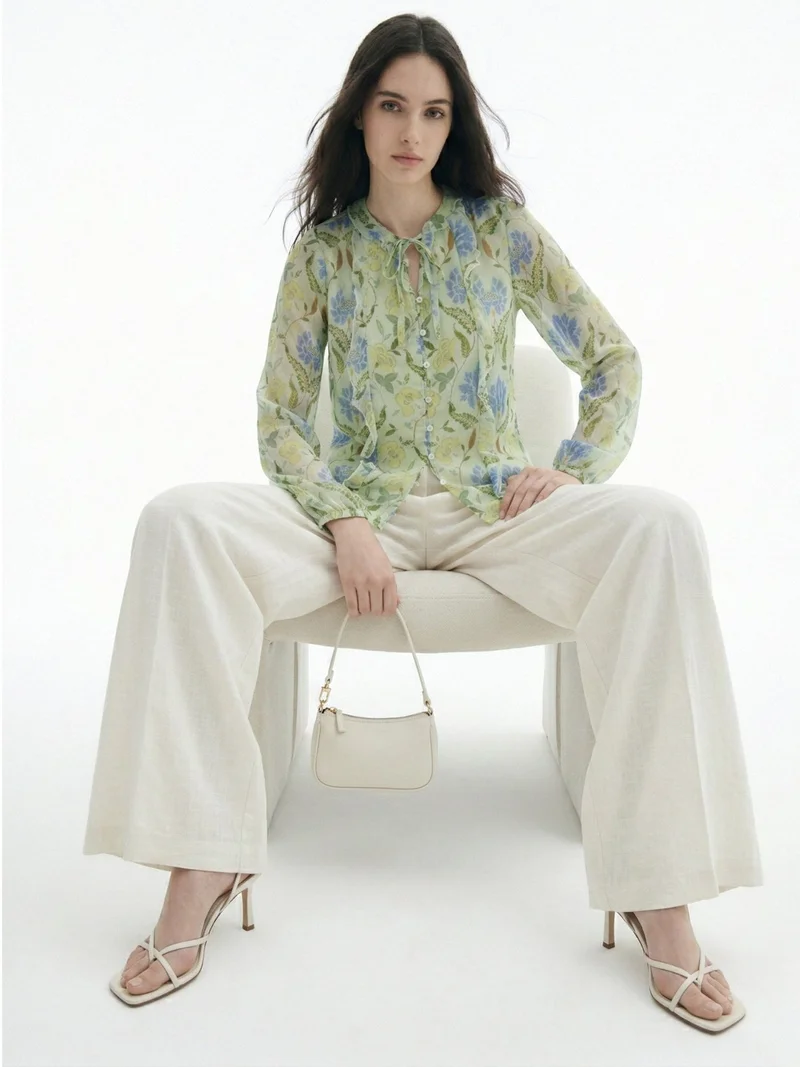 Outzidr  Green Printed With Ruffle Details Blouse for Women | Best Price UAE