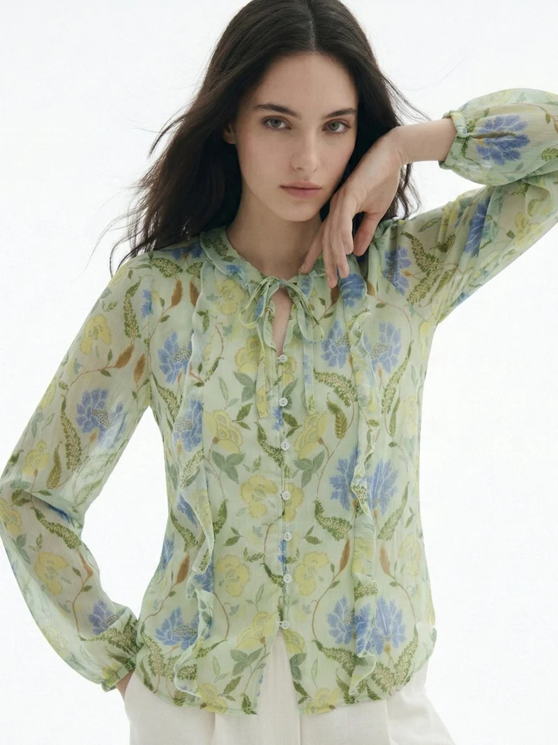 Outzidr  Green Printed With Ruffle Details Blouse for Women | Best Price UAE