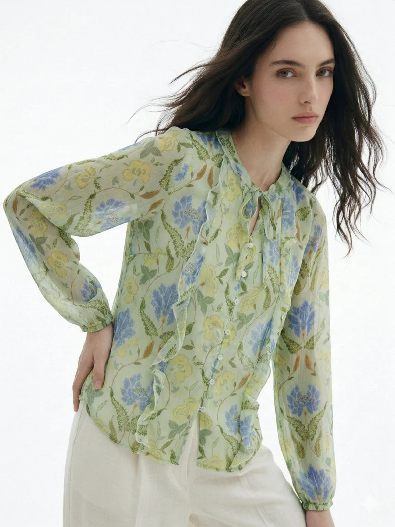 Outzidr  Green Printed With Ruffle Details Blouse for Women | Best Price UAE