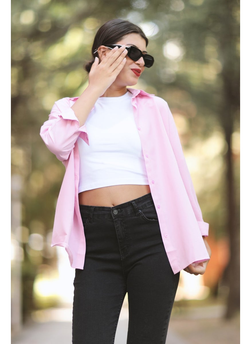 Giysa Dusty Pink Women's Long Sleeve Oversize Basic Shirt 95% Cotton - 3900  - Image 4