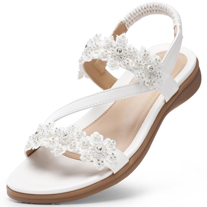 TEMOFON Sandals for Women Flat Dressy Summer Open Toe Sandals Woman Comfortable Walking Casual Beach Shoes White Size 8 - Image 1