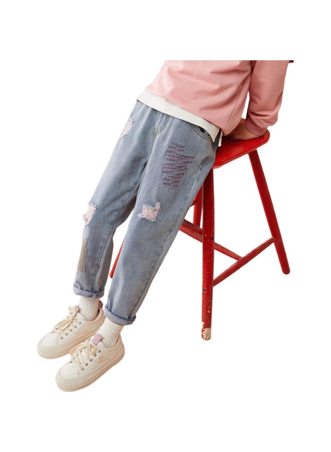 Ask Junior Girls' Pants Autumn Children'S Fashion Ripped Jeans, Blue, Size 170 - Image 2