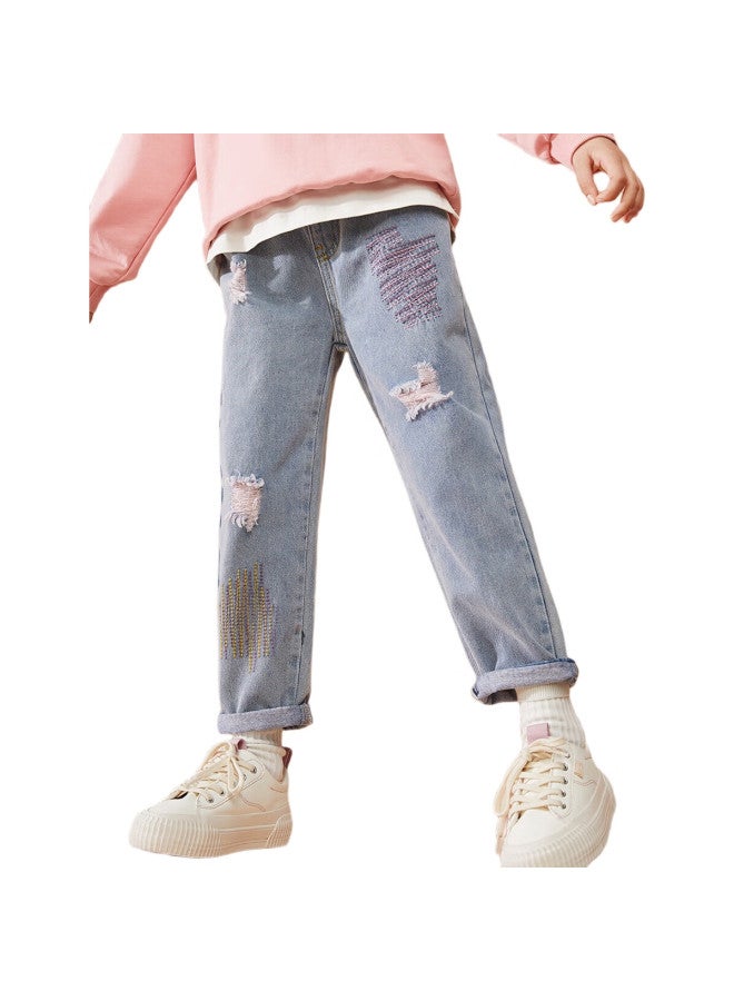 Ask Junior Girls' Pants Autumn Children'S Fashion Ripped Jeans, Blue, Size 170 - Image 1