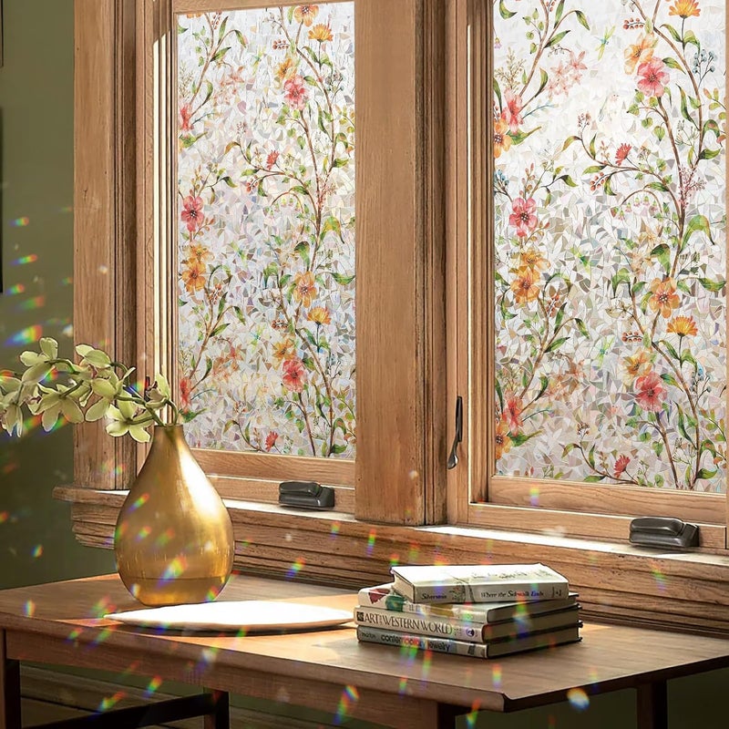 Kromapolis Window Privacy Film, Stained Glass Decorative Stickers, Static Cling Anti UV Rainbow Window Film for Glass Doors, Floral Decals Removable Vinyl Covering, Non-Adhesive, 17.5'' x 78.7'' - Image 1