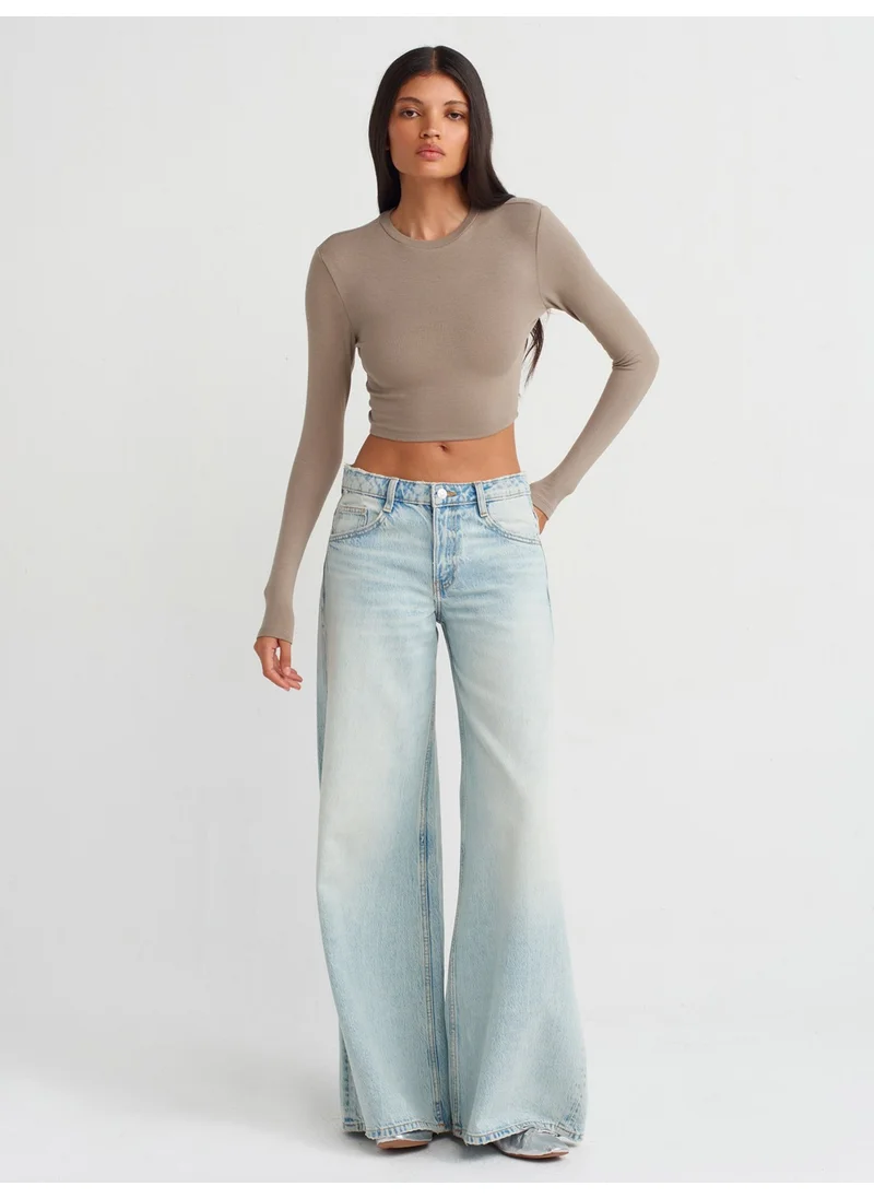 Dilvin 31236 Long Sleeve Crop Top-Light Mink