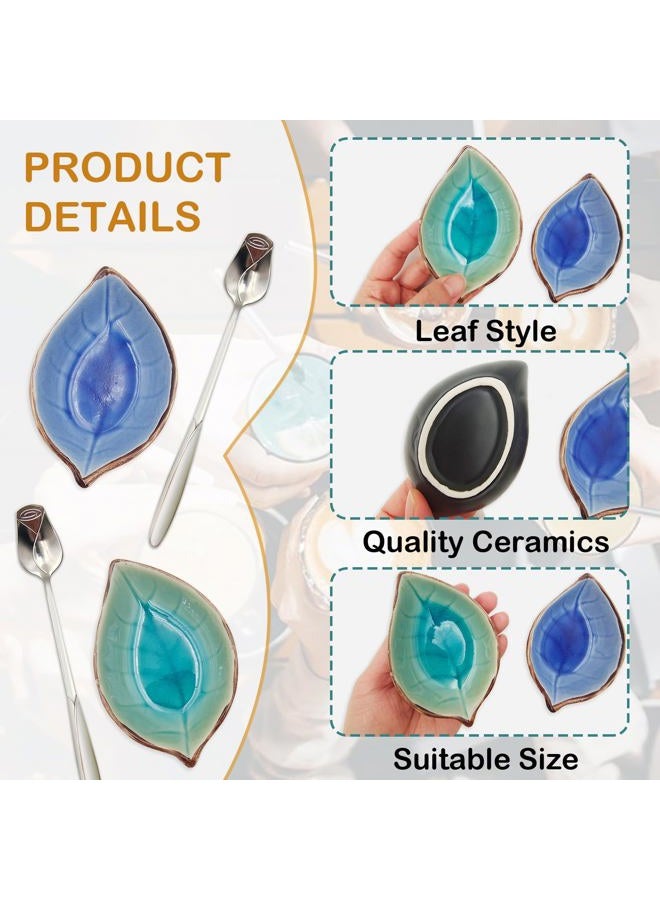 LYMOI 2 Pack Coffee Spoon and Leaf Rest Set, Ice Cracks Leaf Ladle Holder, Tea Spoon Rest for Kitchen Counter, Dining Table, Coffee Bar Teaspoon Rest with Spoon (Lake blue and Sapphire) - Image 3