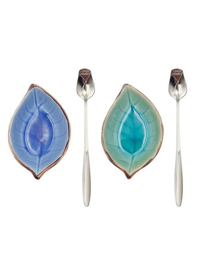 LYMOI 2 Pack Coffee Spoon and Leaf Rest Set, Ice Cracks Leaf Ladle Holder, Tea Spoon Rest for Kitchen Counter, Dining Table, Coffee Bar Teaspoon Rest with Spoon (Lake blue and Sapphire) - Image 1