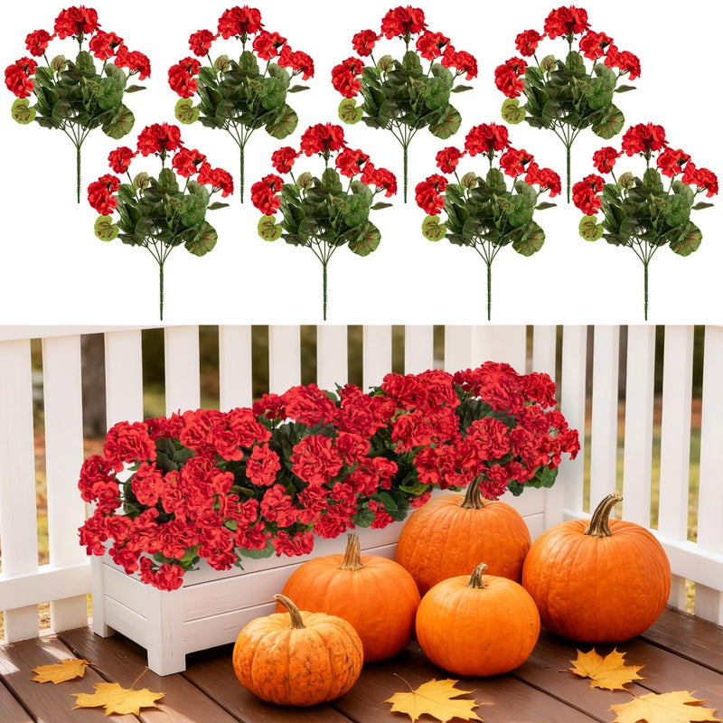 Uqueeten Artificial Flowers For Outdoors Artificial Geranium 8Pcs Fake Flower Geranium Artificial Plant Home Decor Silk Geraniums Artificial Flowers Realistic Outdoor Flower Decoration (Red) 14.4"" - Image 3