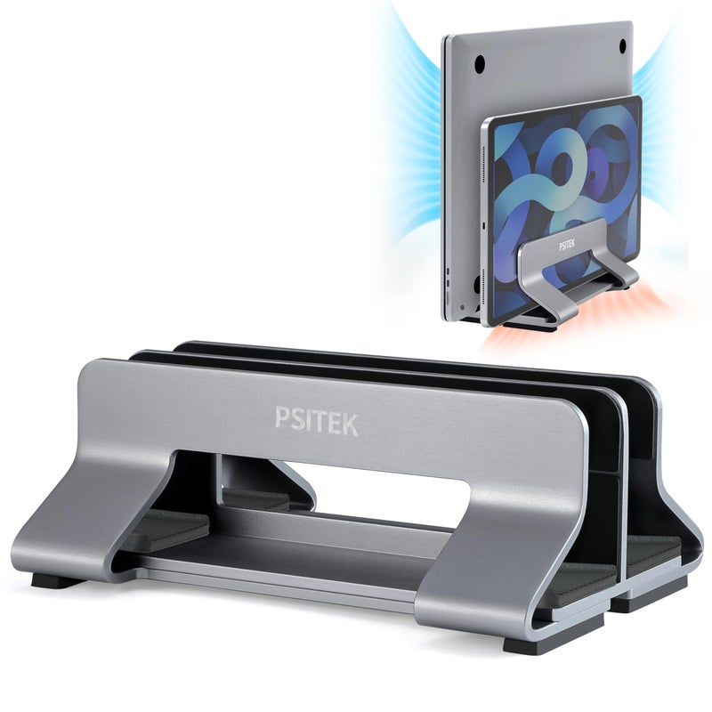 Psitek Aluminum Dual Vertical Laptop Stand Dock Holder, Supports 2 Devices, Adjustable Slot Width 15-36mm, Space-Saving Upright Storage for MacBook and Laptops - Image 1