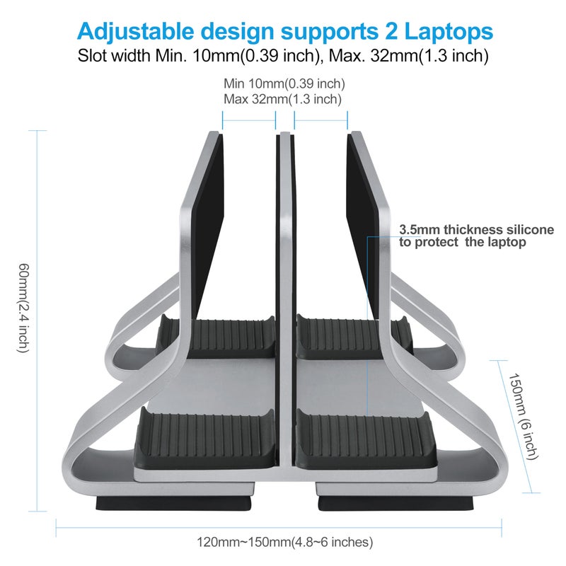 Psitek Aluminum Dual Vertical Laptop Stand Dock Holder, Supports 2 Devices, Adjustable Slot Width 15-36mm, Space-Saving Upright Storage for MacBook and Laptops - Image 4