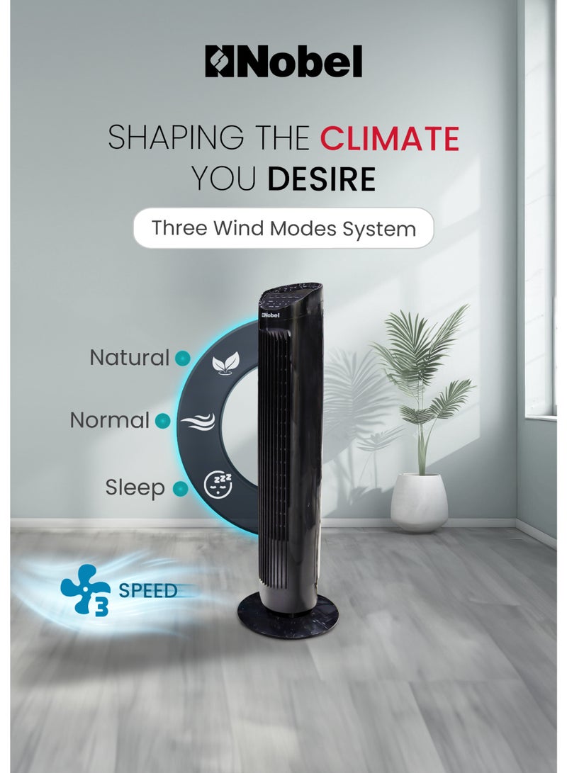 Nobel Tower Fan Suitable for 15~20m2 Spaces, 3 Wind Speeds, 3 Wind Types, LED Display, Automatic Oscillation, Ionizer, Remote Control, Tubular Flow Design NTF300R Black - Image 2