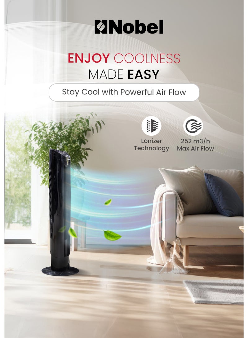 Nobel Tower Fan Suitable for 15~20m2 Spaces, 3 Wind Speeds, 3 Wind Types, LED Display, Automatic Oscillation, Ionizer, Remote Control, Tubular Flow Design NTF300R Black - Image 3