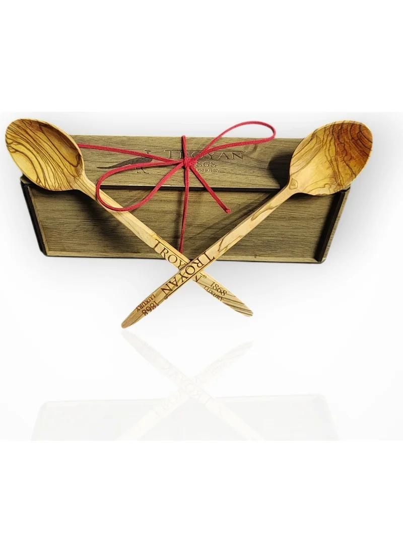 Troyan 1868 Vintage Set of Two, Olive Wood 22 cm. Soup Spoon, Natural and Healthy