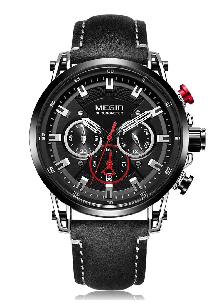 MEGIR Watch Men Sport Chronograph Leather Strap Quartz Movement Watch Waterproof Casual Clock Wristwatch for Male - Image 2