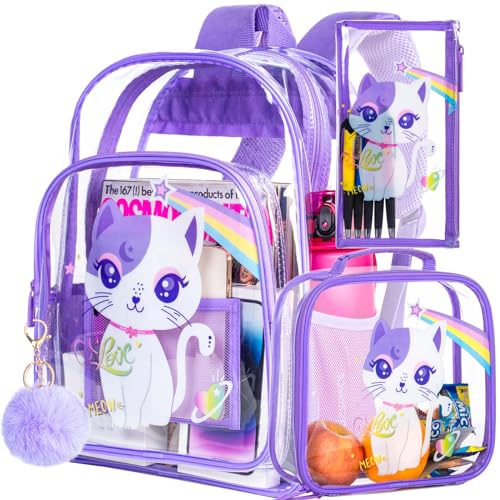 KLFVB 3PCS Girls Clear Backpack for Kids, See Through School Bag Stadium Approved, Transparent Bookbag for Elementary Preschool- Purple Cat - Image 1