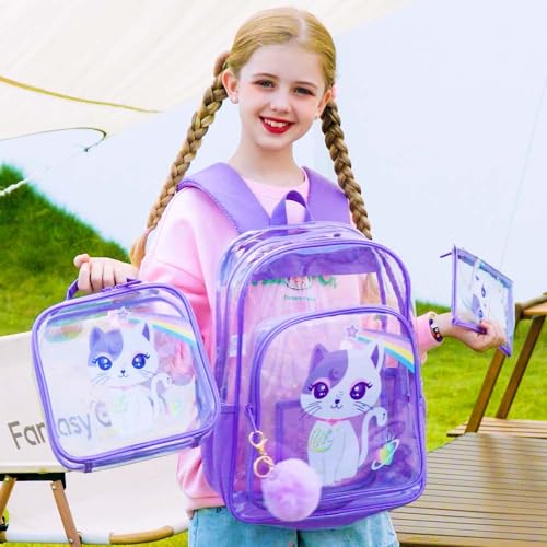KLFVB 3PCS Girls Clear Backpack for Kids, See Through School Bag Stadium Approved, Transparent Bookbag for Elementary Preschool- Purple Cat - Image 2