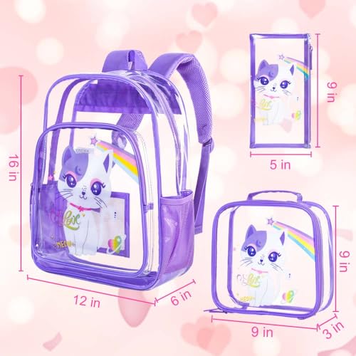 KLFVB 3PCS Girls Clear Backpack for Kids, See Through School Bag Stadium Approved, Transparent Bookbag for Elementary Preschool- Purple Cat - Image 4