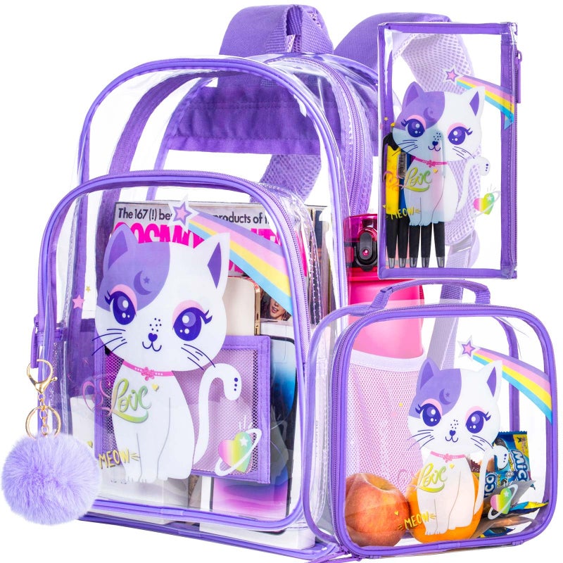 KLFVB 3PCS Girls Clear Backpack for Kids, See Through School Bag Stadium Approved, Transparent Bookbag for Elementary Preschool- Purple Cat - Image 5