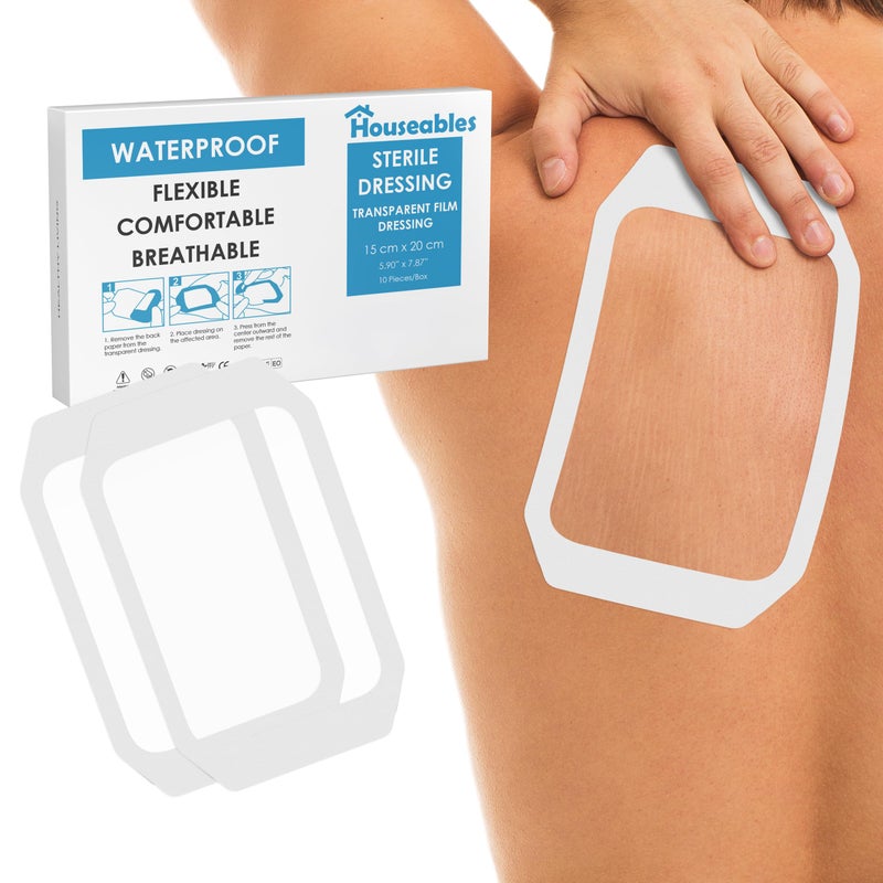Houseables Waterproof Bandages, Transparent Film Dressing, Waterproof Bandages Post Surgical, 6x8, Wound Cover, Transparent Dressing, Wound Covers for Showering, Water Proof Patches for Skin, Large - Image 1