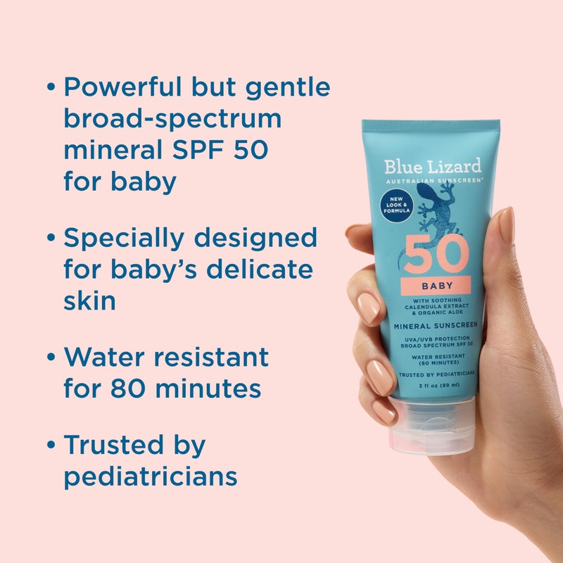 BLUE LIZARD Baby Mineral Sunscreen with Zinc Oxide, SPF 50+, Water Resistant, UVA/UVB Protection with Smart Cap Technology - Fragrance Free, 3 Ounce Tube - Image 2