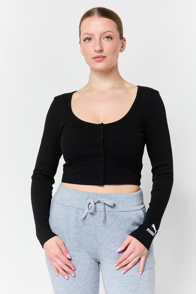 PUMA Women Scoop Neckline Long Sleeve Crop Top, Black - Image 1