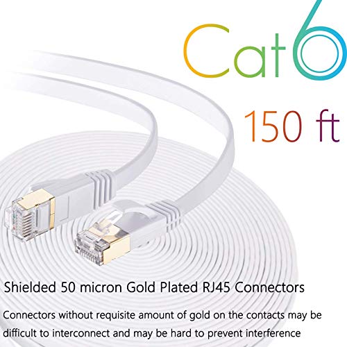 Comtelek Cat 6 Ethernet Cable 150 FT Flat Internet Network Cables with Cable Clips Cat6 Ethernet Patch Cable with Snagless Rj45 Connectors White Long Computer LAN Cable（150FT）… - Image 2