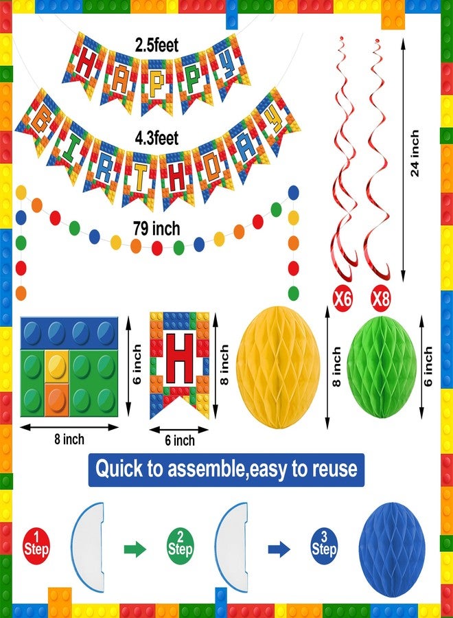 Maniaacer Building Block Birthday Party Decorations Brick Themed Happy Birthday Banner Colorful Block Hanging Swirls Honeycomb Balls Circle Dots Garland for Colorful Brick Pre-strung Birthdays Party Decor - Image 2