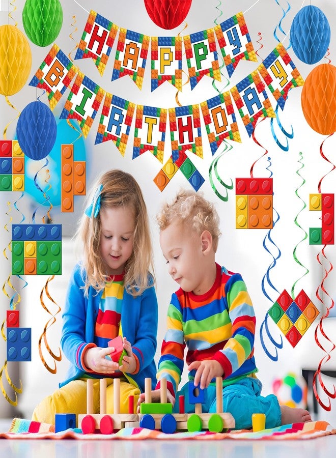 Maniaacer Building Block Birthday Party Decorations Brick Themed Happy Birthday Banner Colorful Block Hanging Swirls Honeycomb Balls Circle Dots Garland for Colorful Brick Pre-strung Birthdays Party Decor - Image 5