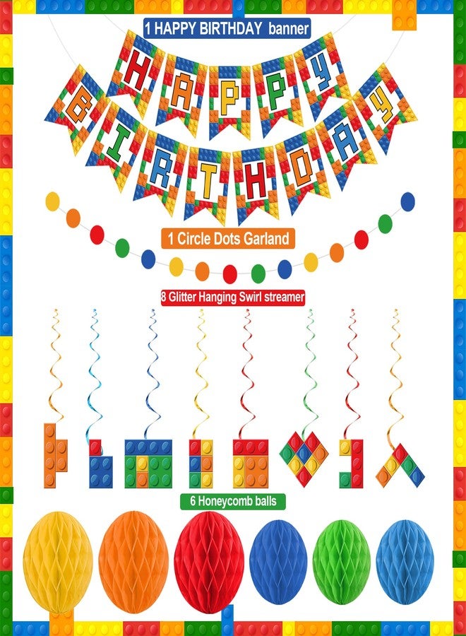 Maniaacer Building Block Birthday Party Decorations Brick Themed Happy Birthday Banner Colorful Block Hanging Swirls Honeycomb Balls Circle Dots Garland for Colorful Brick Pre-strung Birthdays Party Decor - Image 3