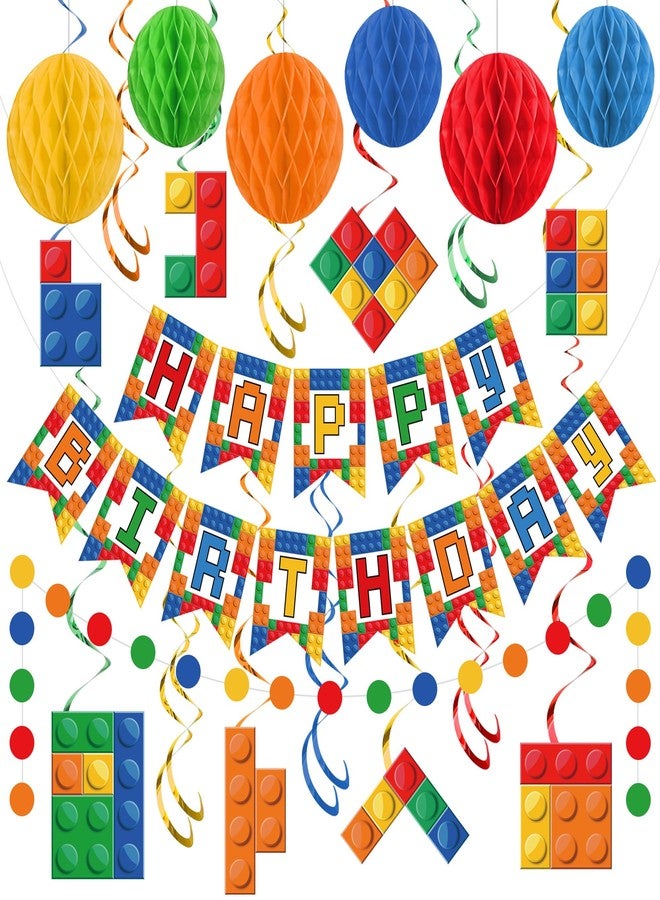Maniaacer Building Block Birthday Party Decorations Brick Themed Happy Birthday Banner Colorful Block Hanging Swirls Honeycomb Balls Circle Dots Garland for Colorful Brick Pre-strung Birthdays Party Decor - Image 1